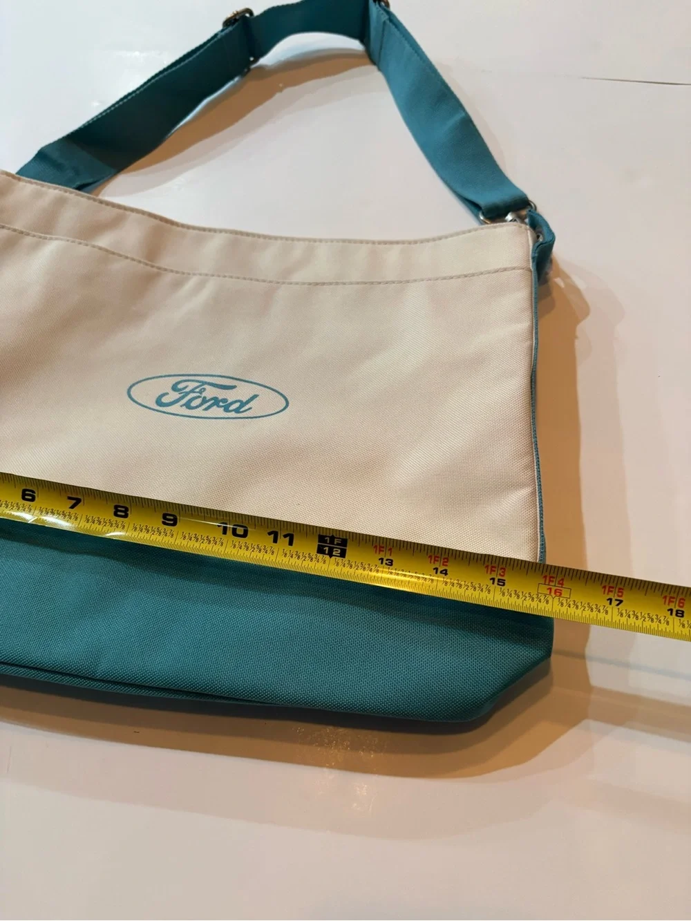 Ford Branded Two-Tone Canvas Shoulder Bag in Teal and Cream